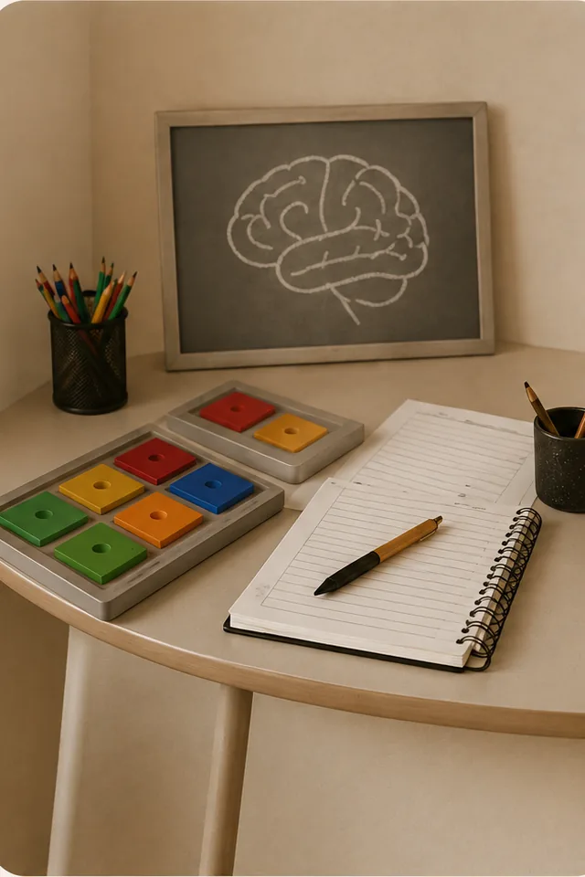 Mesa de avaliação neuropsicológica com quadro de um cérebro desenhado, jogo de blocos coloridos e caderno de anotações
