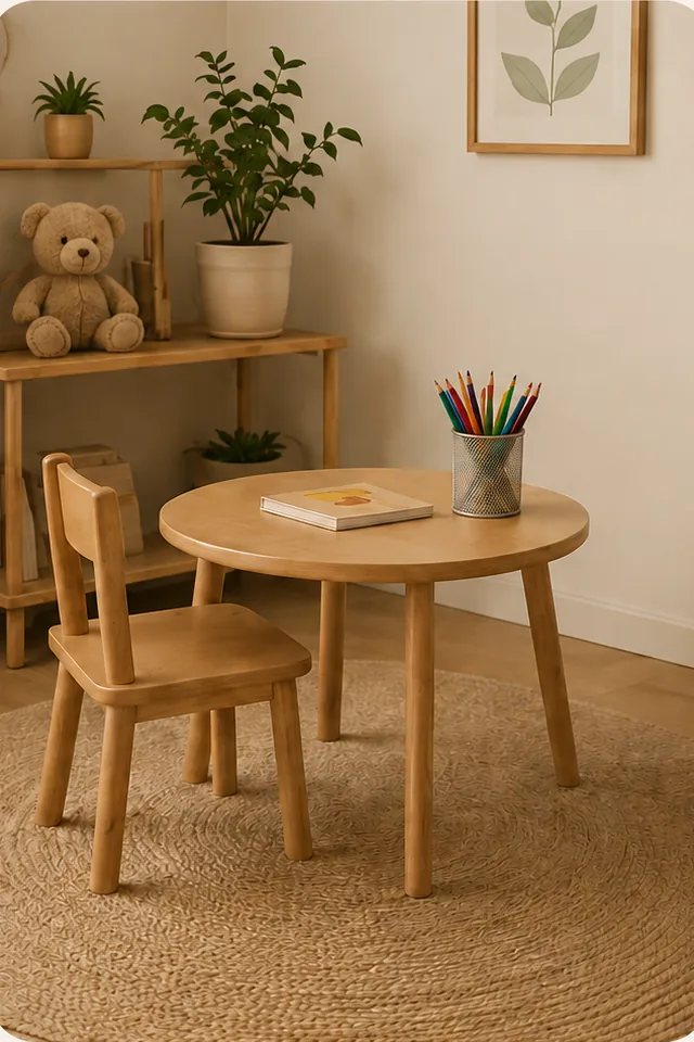 Mesa e cadeira infantil de madeira com lápis de cor, livro e ursinho de pelúcia na sala de atendimento