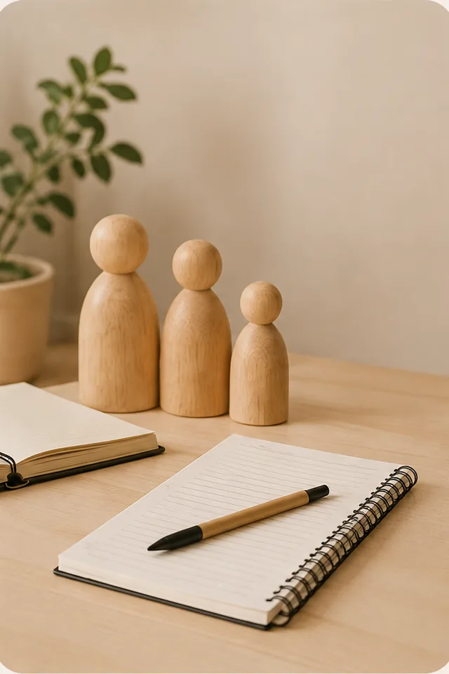 Bonecos de madeira representando uma família sobre a mesa, ao lado de caderno aberto e caneta