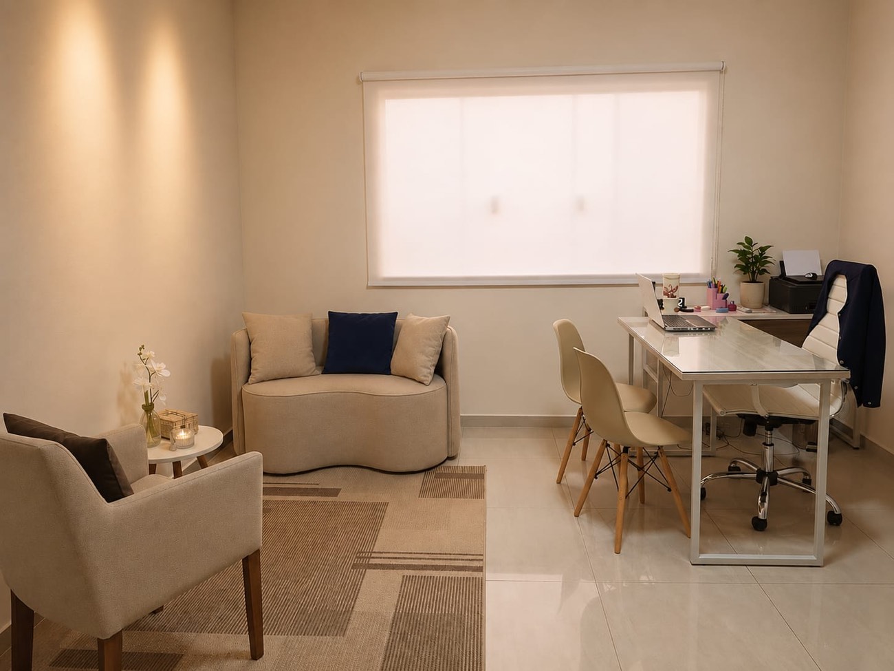 Consultório de psicoterapia com poltronas confortáveis, mesa de atendimento e iluminação natural