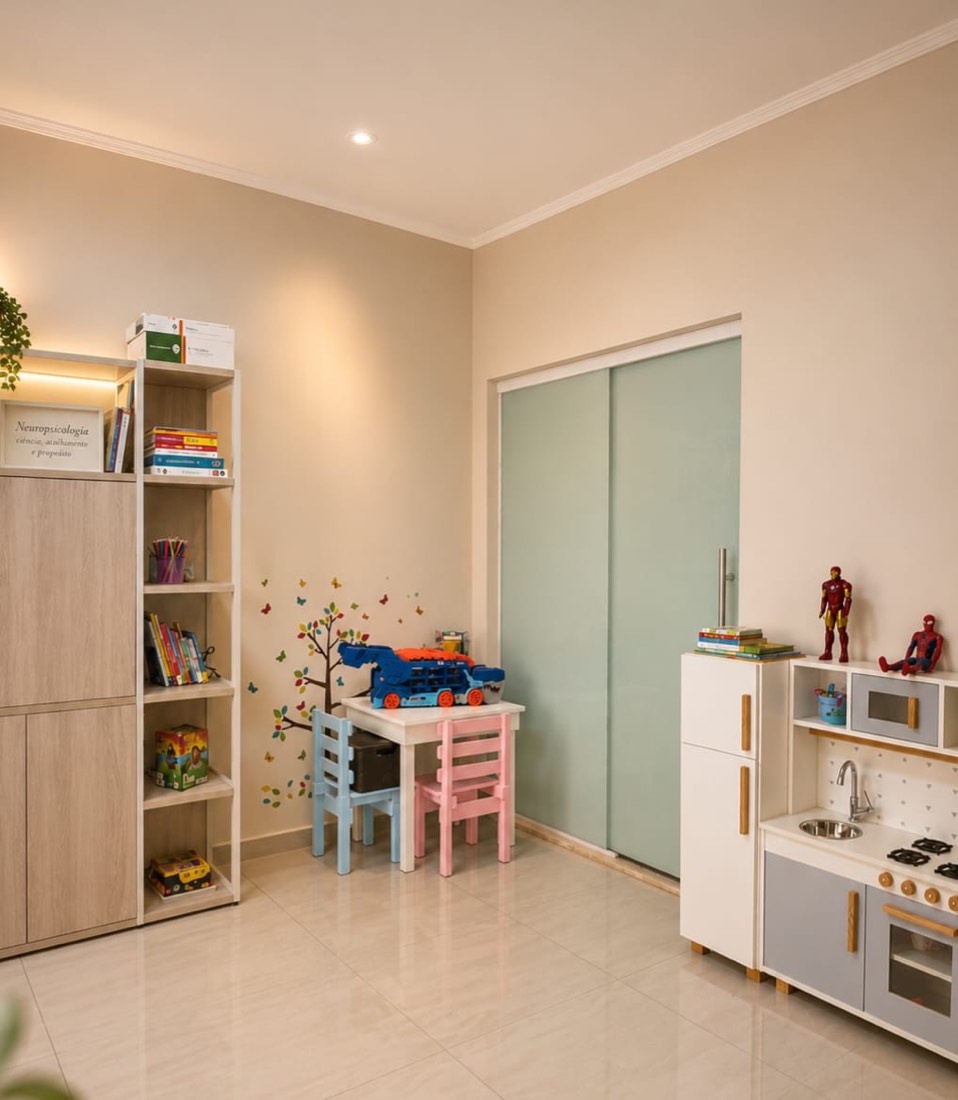 Sala de avaliação neuropsicológica infantil, com mesa e cadeiras coloridas, brinquedos e estante de livros